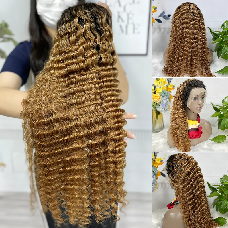 Lace wig with a silk - base cap for a comfortable and smooth feel13*4 Lace Wig Deep Wave Natural Human Hair Lace Wigs Color T1B/30#  200% Density