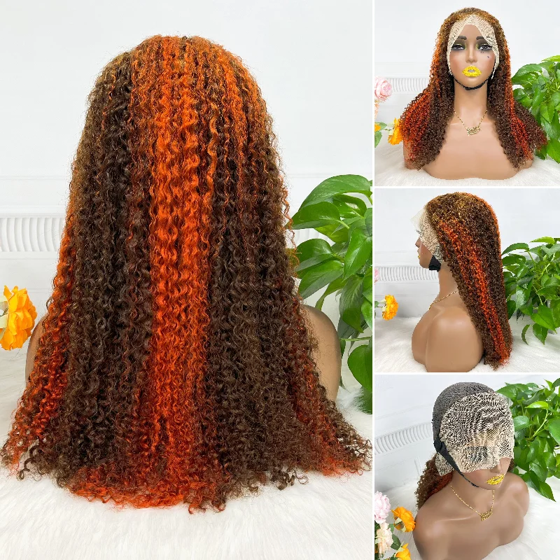 Lace wig with a silk - base cap for a comfortable and smooth feel13*4 Lace Wig Kinky Curl Natural Human Hair Lace Wigs Color P4/350# 250% Density