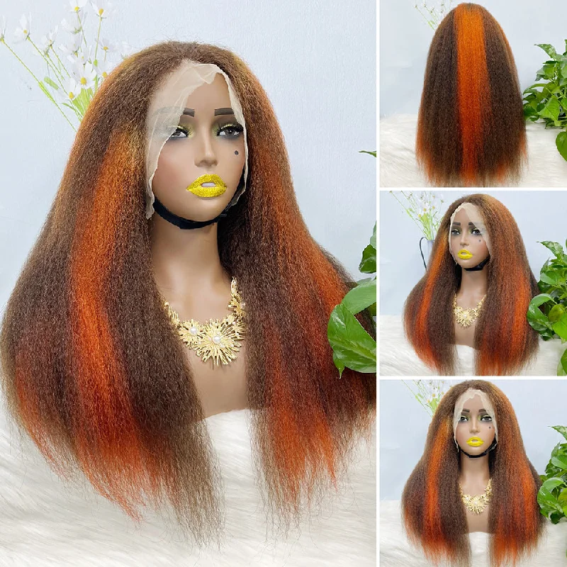 Lace wig with a pre - plucked hairline for a more natural look13*4 Lace Wig Kinky Straight Natural Human Hair Lace Wigs Color P4/350# 250% Density