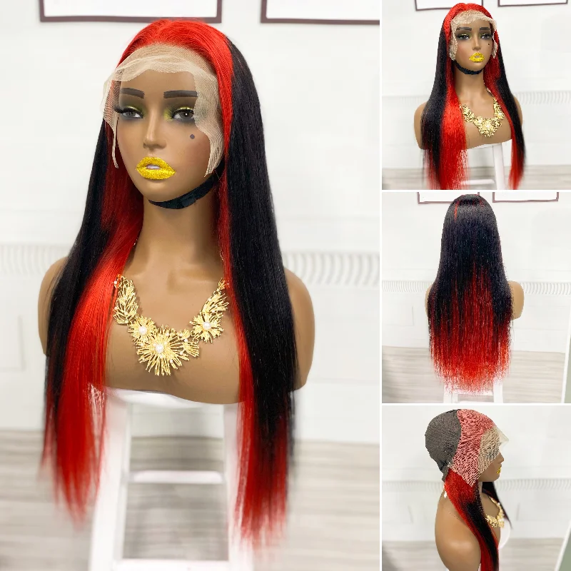 Full - lace wig with a natural - looking hairline for a seamless appearance13*4 Lace Wig Straight Natural Human Hair Lace Wigs Color Red/1B/Red  250% Density