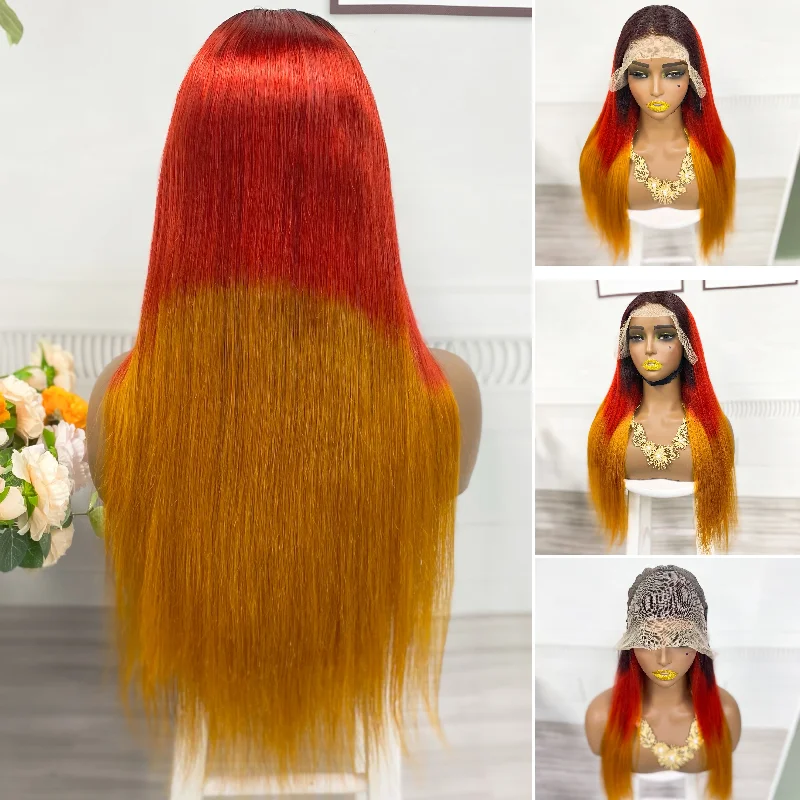 Lace wig with a middle - part for a classic and elegant style13*4 Lace Wig Straight Natural Human Hair Lace Wigs Color 1B/Red/Orange 250% Density