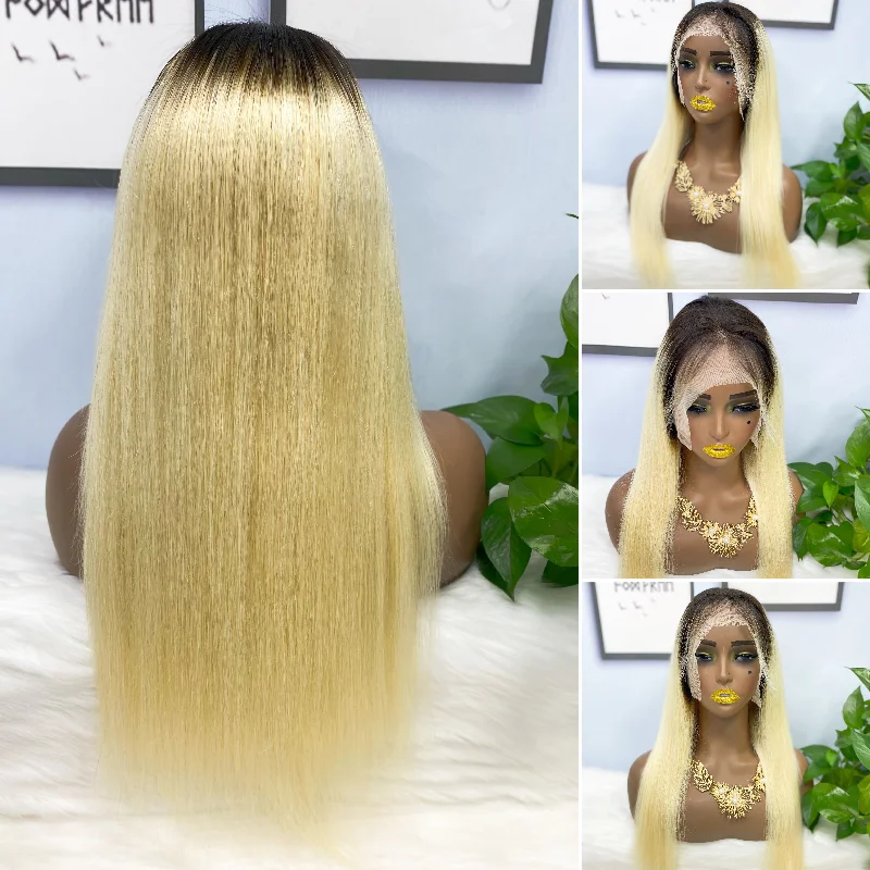 Full - lace wig with a natural - looking hairline for a seamless appearance13*4 Lace Wig Straight  Natural Human Hair Lace Wigs Color T1B/613# 200% Density