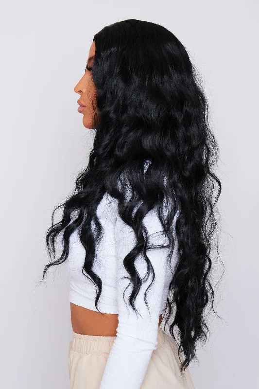 Lace wig with a wispy fringe for a soft and feminine lookKali 28" Wavy Black Synthetic Hair No Lace Wig