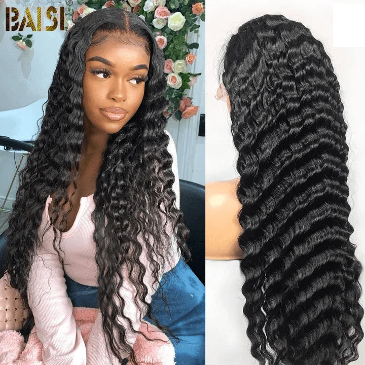 Lace wig with a middle - part for a classic and elegant styleBAISI 12A Bleached Knots Deep Wave Wig Pre plucked