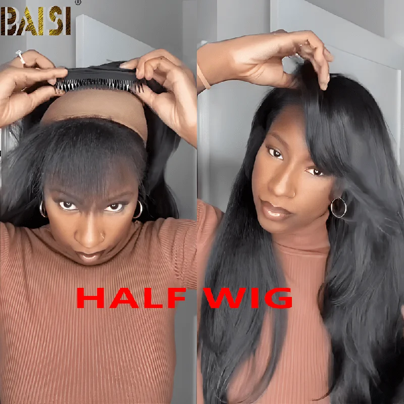 Lace wig with a pre - plucked hairline for a more natural lookBAISI Klinky Straight Half Glueless Wig