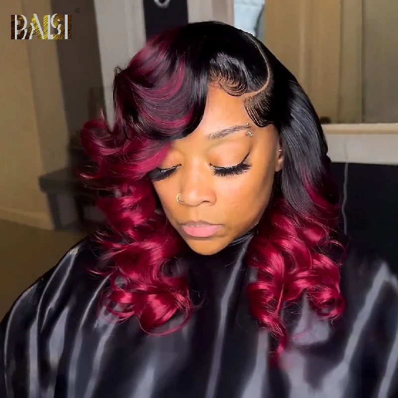 Lace wig with a 200 - density for a full and thick appearanceBAISI Wavy With Burgundy Lace Wig