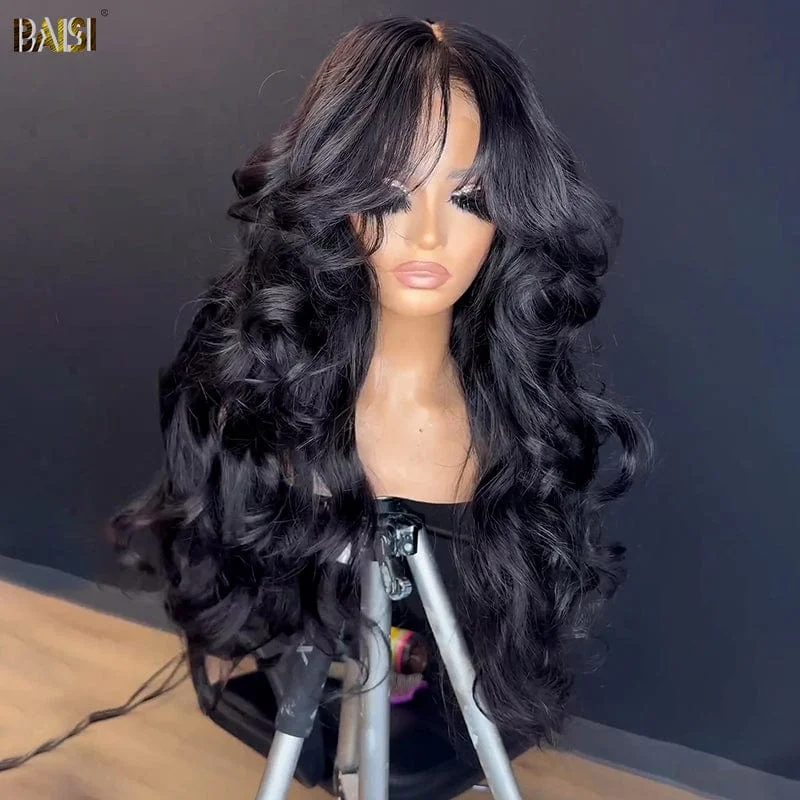 Lace wig with a straight texture for a sleek and minimalist lookBAISI Wavy With Curtain Bangs Lace Wig