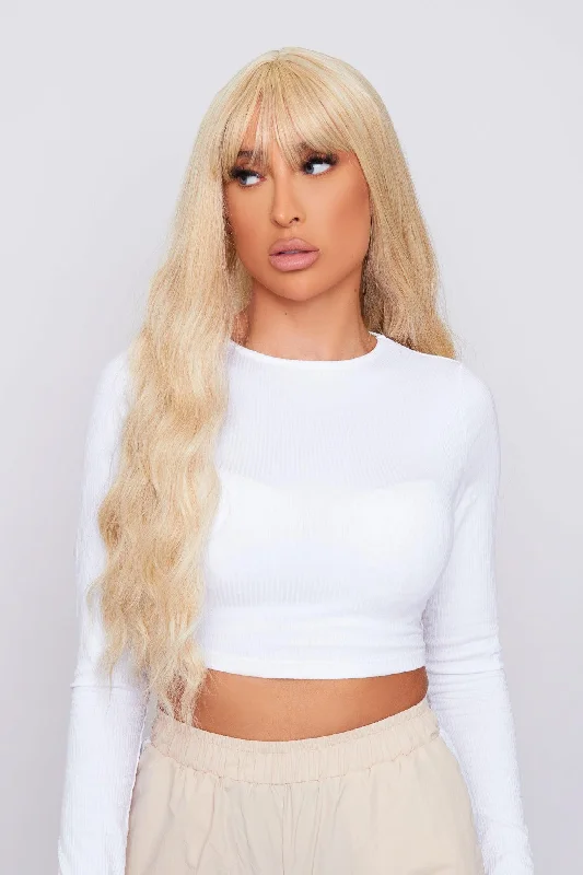 Lace wig with a platinum - blonde color for a bold and trendy lookMia 26" Wavy Blonde Synthetic Hair Bangs Wig