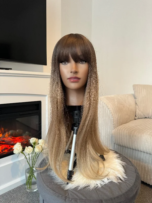 Lace wig with a wispy fringe for a soft and feminine lookIsla 22" Ombre Brown Bangs Synthetic Hair Wig