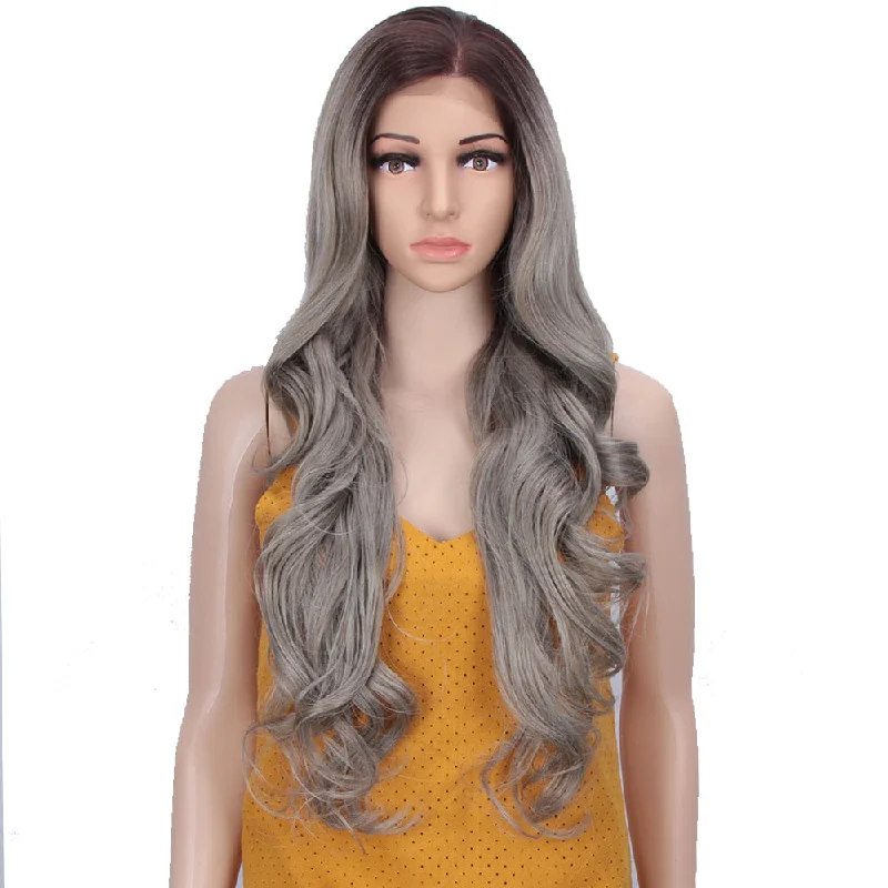 Lace wig with a side - swept bang for a sophisticated lookNOBLE Easy 360 Synthetic HD Lace Frontal Wig | 28 Inch Long  Wavy Streel Color Wig | Queen