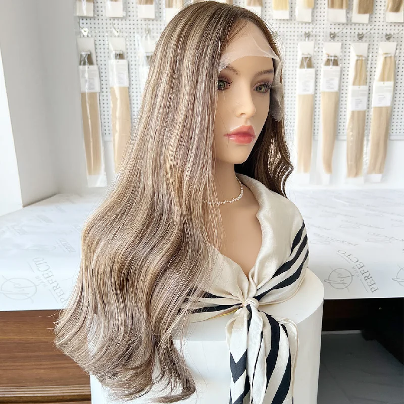 Lace wig with a platinum - blonde color for a bold and trendy lookLace Top Wig 22 Brown Blonde Highlights Virgin Human Hair Wigs