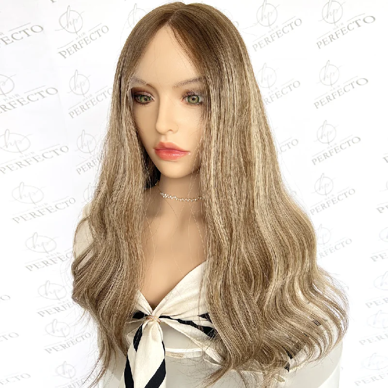 Lace wig with a side - part for a more flattering lookLuxury Top Lace Wig Dark Roots Blonde Money Piece Human Hair Wigs - Divine