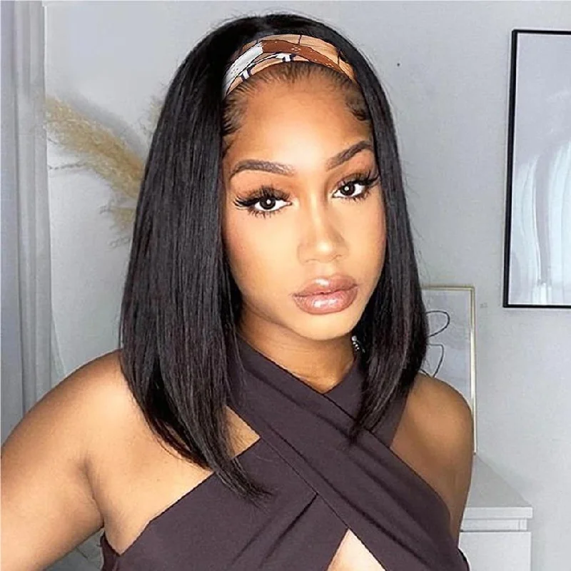 Full - lace wig with a natural - looking hairline for a seamless appearanceMORE FACE Headband Bob Wig Glueless Straight Human Hair Wig No Lace Full Machine Made Wig