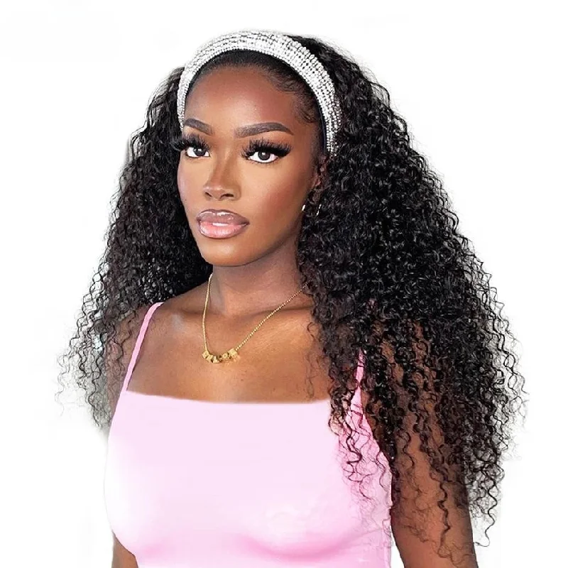 Lace wig with a middle - part for a classic and elegant styleMORE FACE Kinky Curly Headband Wig Glueless Human Hair Wigs Full Machine Made Curly Wig