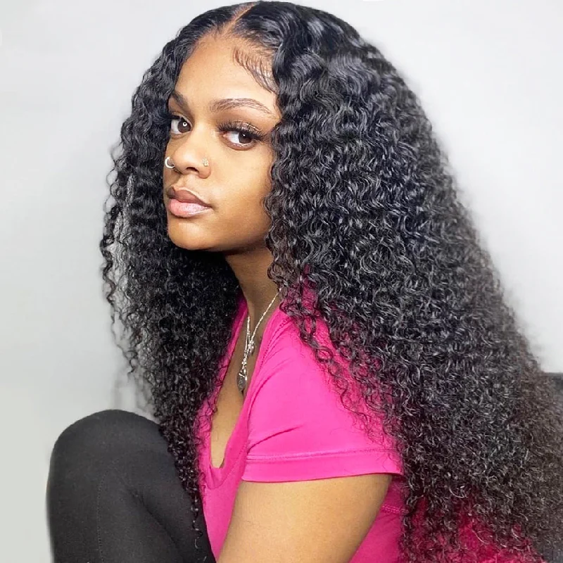 Lace wig with a wispy fringe for a soft and feminine lookMORE FACE Kinky Curly V Part Wig No Glue No Lace Human Hair Wigs With No Leave Out