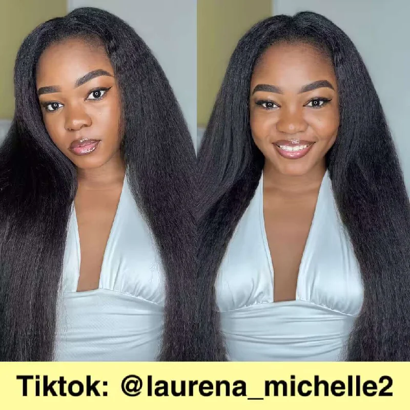 Lace wig in a chocolate - brown color for a rich and warm appearanceMORE FACE Kinky Straight V Part Wig Human Hair Glueless Wig With No Leave Out