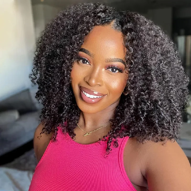 Lace wig with a pre - bleached knot for a natural - looking scalpMORE FACE V Part Bob Wig Glueless Kinky Curly Human Hair Wigs With No Leave Out