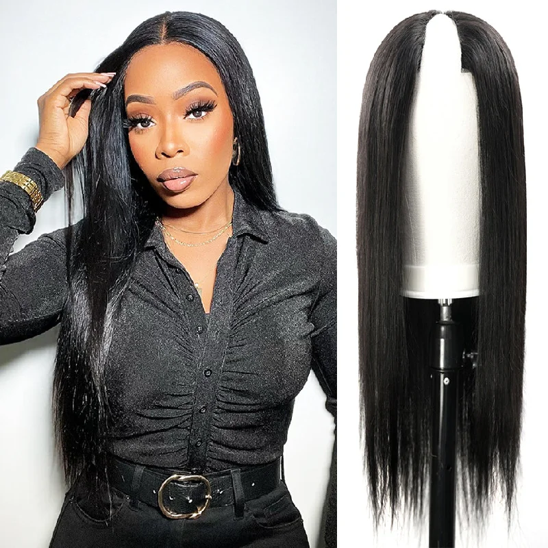 Lace wig with a side - part for a more flattering lookMORE FACE V Part Wig Glueless Straight Human Hair Wigs No Lace No Leave Out Thin Part Wig