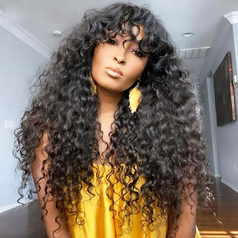 Lace wig in a chocolate - brown color for a rich and warm appearanceMORE FACE Water Wave Wig With Bangs No Lace Glueless Human Hair Wigs No Glue Need