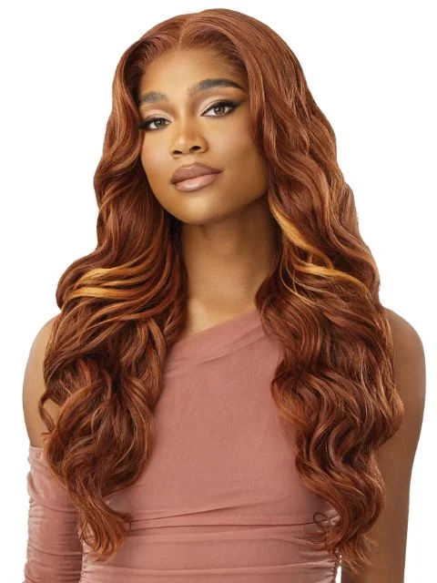 Lace wig in a chocolate - brown color for a rich and warm appearanceOutre 100% Human Hair Blend 5"x5" Glueless Lace Closure Wig - HHB-GLAM CURLS 24"