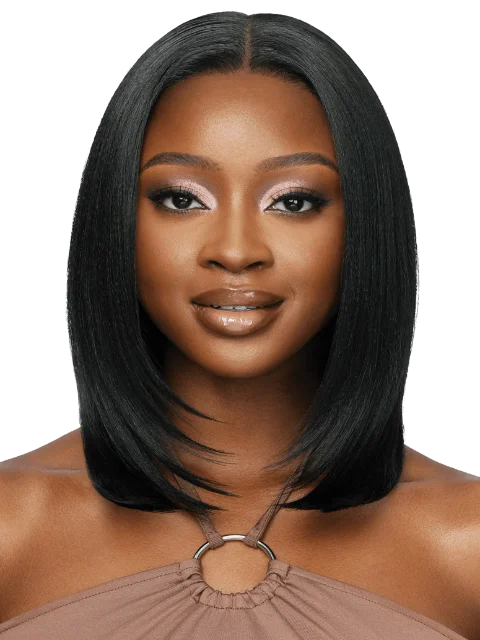 Lace wig in a chocolate - brown color for a rich and warm appearanceOutre 100% Human Hair Blend 5"x5" Glueless Lace Closure Wig - HHB-NATURAL YAKI 14"