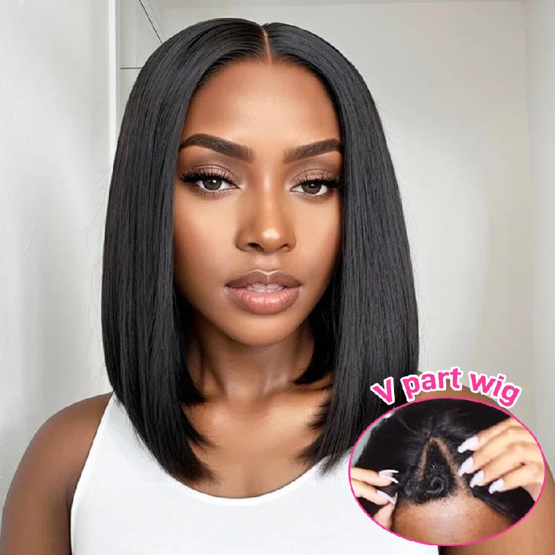 Adjustable - cap lace wig for a comfortable fitMore Face Straight Short Bob Wig V Part Wig Human Hair No Leave Out Glueless Upgrade U Part Wigs Brazilian Short Wigs Human Hair