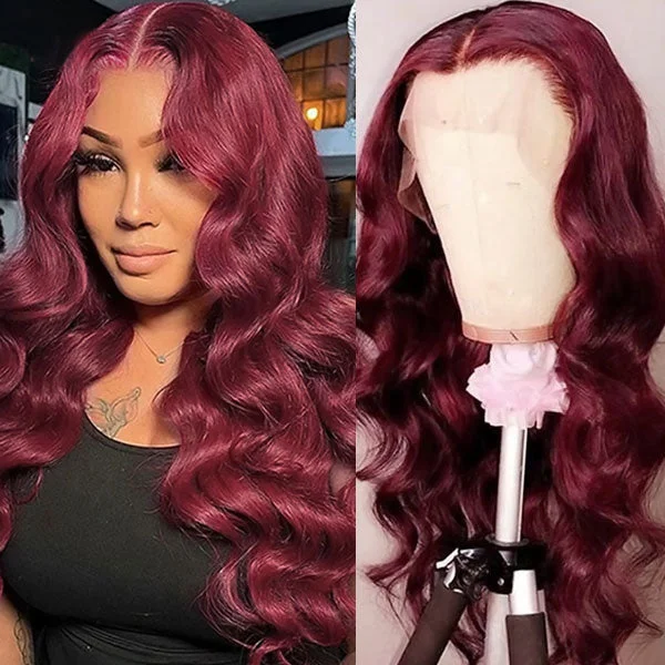 Colored wig with a blue - green ombre effect for a unique and trendy appearance99J 13x6 Lace Front Wigs Body Wave Glueless Wig Burgundy Colored Human Hair Wigs