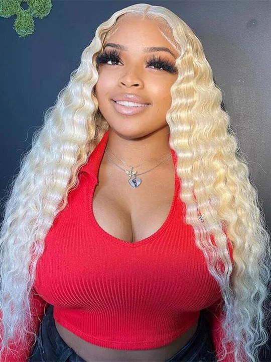 Colored wig with a purple - violet shade for a regal and elegant look13x6 HD Lace Wig 613 Honey Blonde Hair Deep Wave Human Hair Wigs