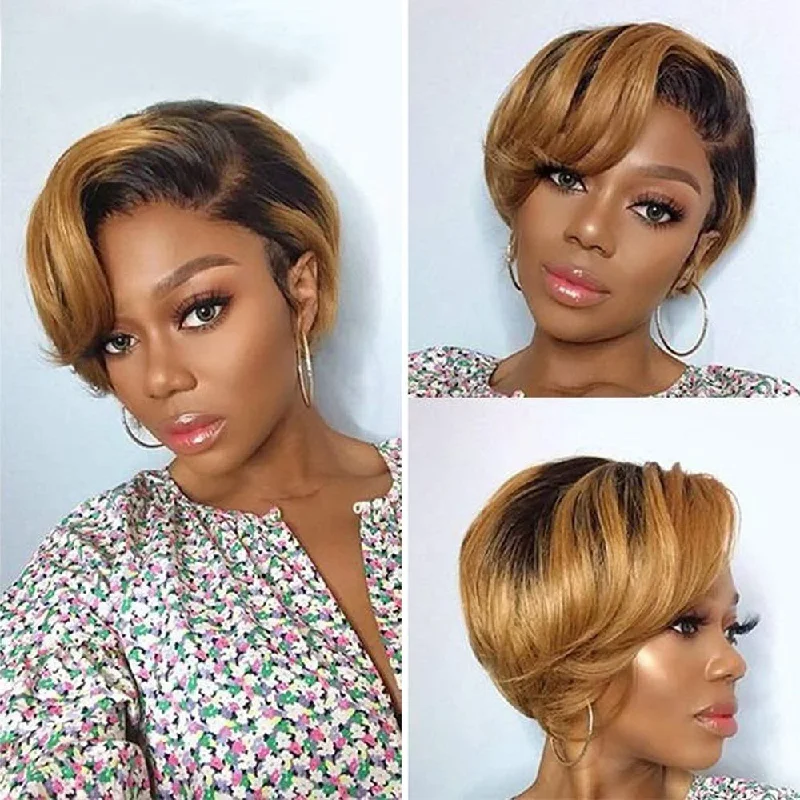 Colored wig with a curly texture for a bold and stylish choice1B/27 13x1 T Lace Side Part Straight Short Pixie Cut Bob Wigs For Women