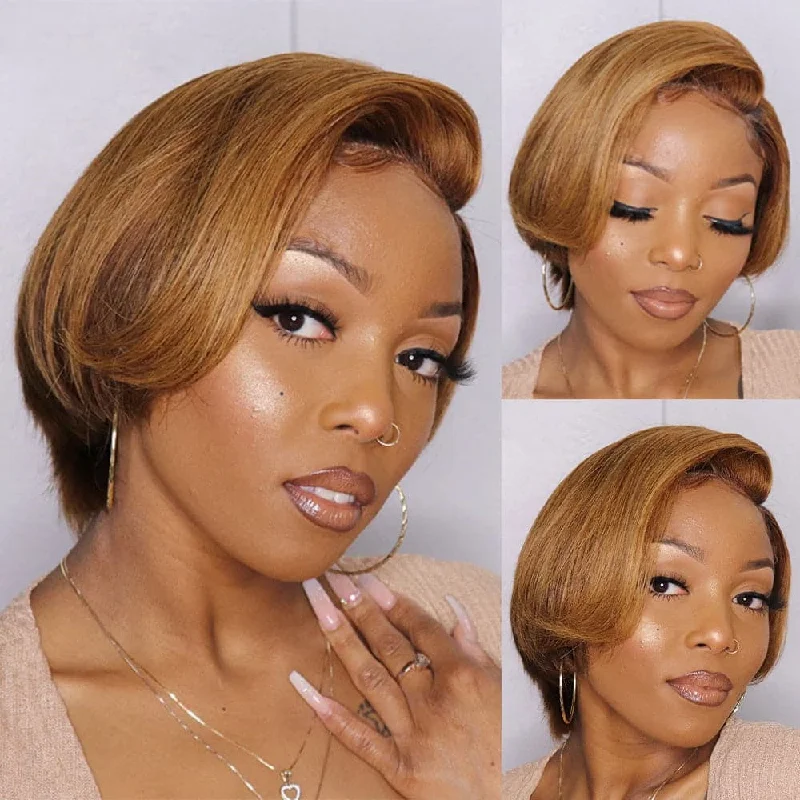 Colored wig with a side - part for a more flattering appearance1B/30 13x1 T Lace Side Part Straight Short Pixie Cut Bob Wigs For Women