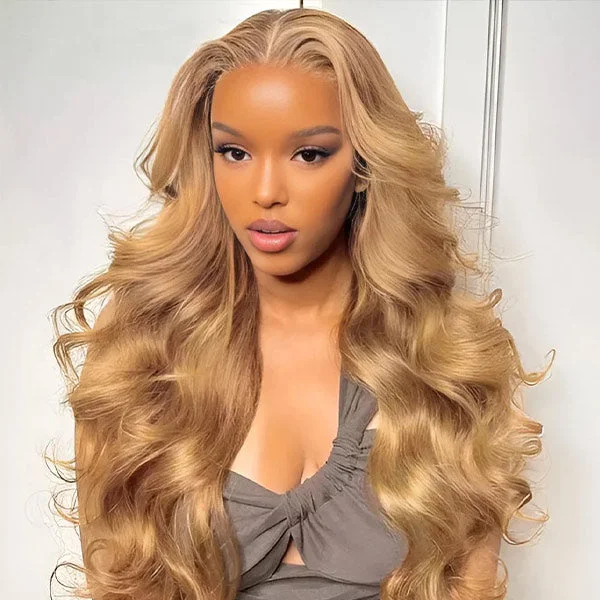 Colored wig with a side - part for a more flattering appearance#27 Honey Blonde 13X4 Lace Front Human Hair Wigs Body Wave Colored Wigs