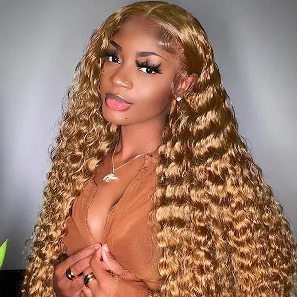 Colored wig with a wispy fringe for a soft and feminine lookMslynn #27 Honey Blonde Deep Wave Human Hair 13x4 Lace Front Wig