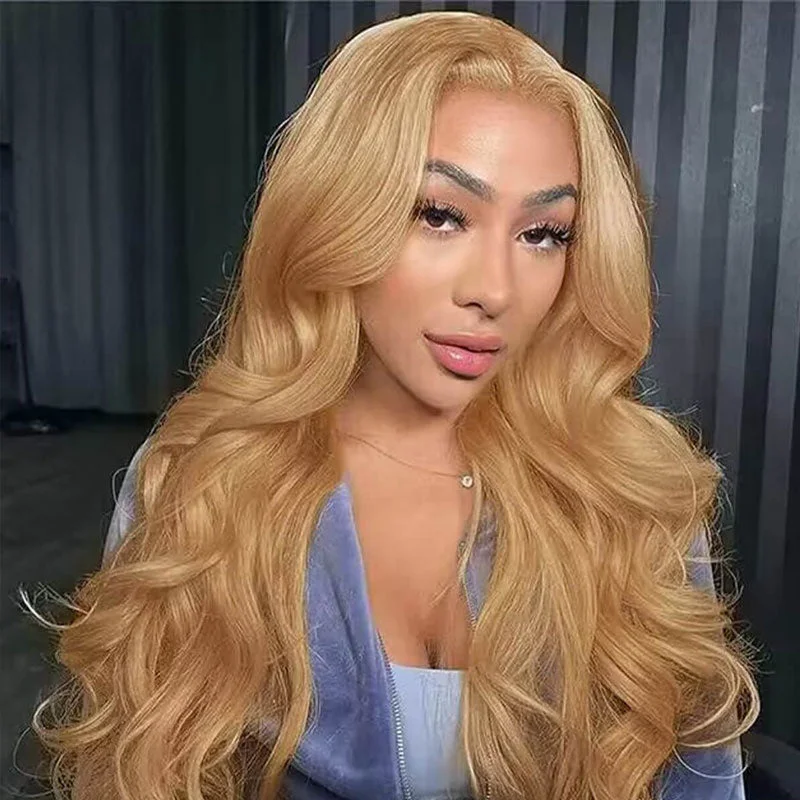 Synthetic colored wig with a heat - resistant formula for easy styling#27 Honey Blonde Pre Cut 6x5 HD Lace Wear And Go Glueless Wig Straight And Body Wave