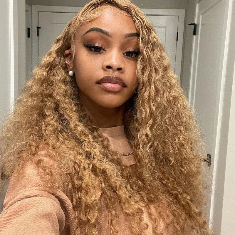 Colored wig with a curly texture for a bold and stylish choice#27 Honey Blonde Water Wave Hair Glueless 6x5 13x4 Glueless HD Lace Wigs