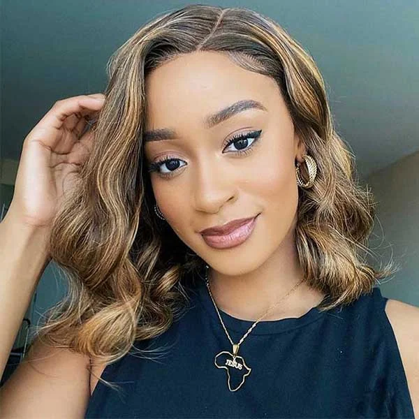 Colored wig with a side - swept bang for a sophisticated lookMslynn Short Bob Wig Ombre Brown Highlight Body Wave 4x4 Lace Closure Wig