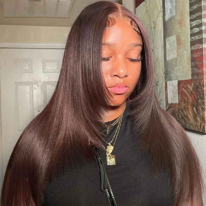 Colored wig with a middle - part for a classic and elegant style#4 Dark Brown 90's Layered Wig Pre Cut 6x5 HD Lace Straight Human Hair Glueless Wig