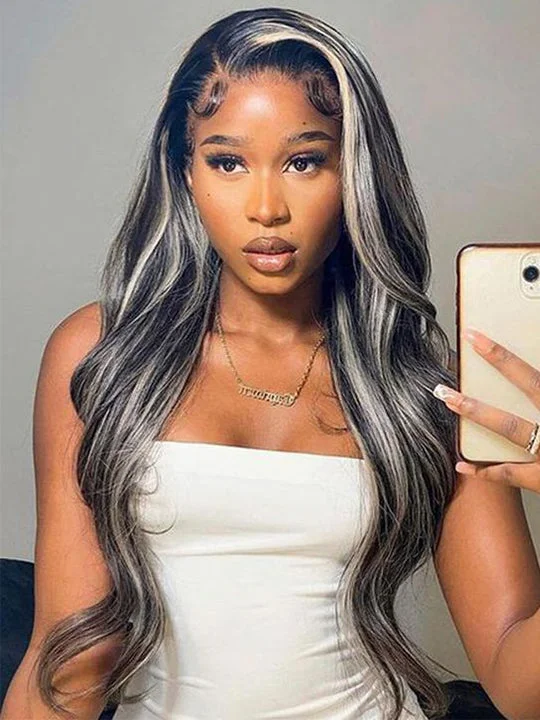 Colored wig with a 150 - density for a full and thick appearancePlatinum Highlights Mixed Color 3D Body Wave 13x4 Lace Frontal Human Hair Wigs