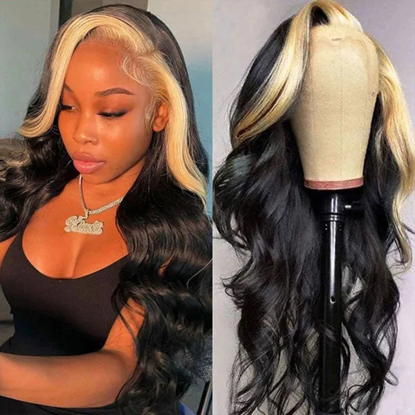 Colored wig with a wavy texture for a beachy and fun look613 Blonde Skunk Stripe Hair Body Wave Human Hair Lace Front Wigs 180 Density