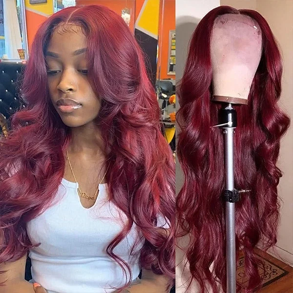 Colored wig in a vibrant pink color for a bold and eye - catching lookHairsmarket 99J HD Lace Wig Body Wave Wig 4x4 Lace Closure Wig Burgundy Human Hair Wig