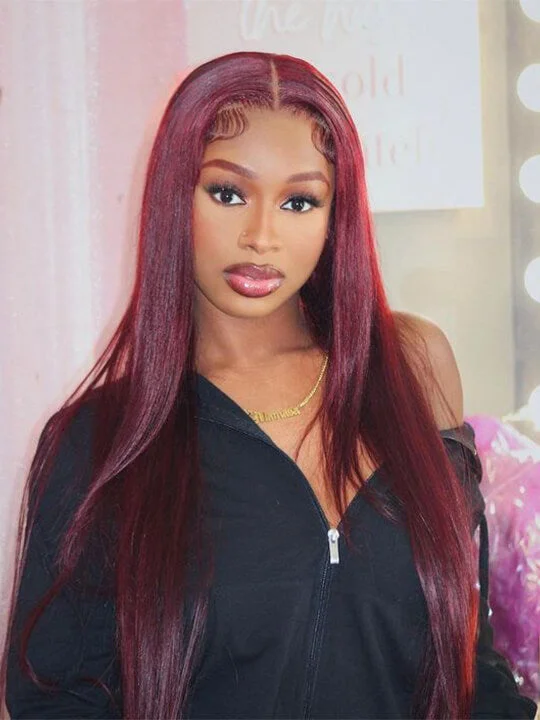 Colored wig with a 150 - density for a full and thick appearance99J Burgundy Hair 5x5 Glueless Lace Wig Silky Straight Human Hair Wigs