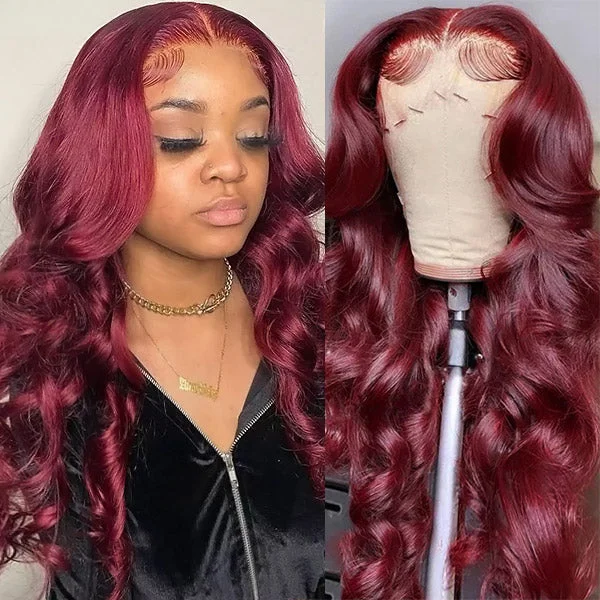 Colored wig with a wispy fringe for a soft and feminine look99J Lace Front Wigs 180% Density Body Wave Human Hair Wigs 13x4 HD Lace Frontal Wigs 30Inch Colored Wigs