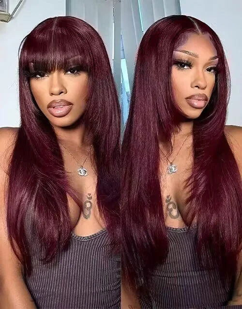 Colored wig in a vibrant pink color for a bold and eye - catching look99J Layers Cut Style With Bangs Glueless Straight 13x5 Pre Everything Wigs