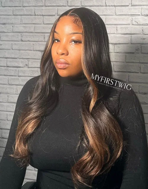 Colored wig with a pre - plucked hairline for a more natural lookALLTHINGSLAID - MALAYSIAN HUMAN HAIR HIGHLIGHT OMBRE WAVY LACE FRONT WIG - ALD001