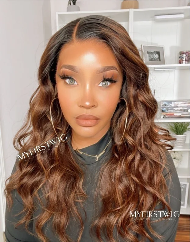 Synthetic colored wig with a heat - resistant formula for easy stylingAngelina - Malaysian Human Hair Ombre Brown Wavy Lace Front Wig - LFW084