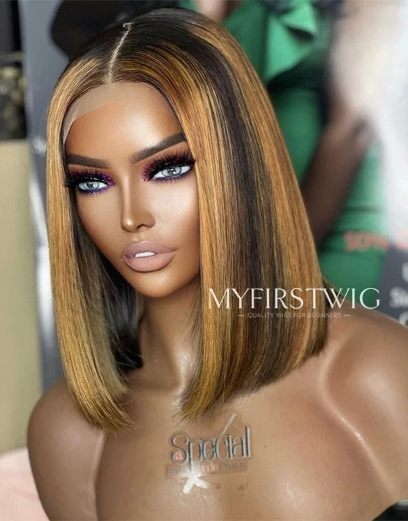 Colored wig with a curly texture for a bold and stylish choiceASPECIALUNIT - Blonde Ombre Highlight Bob Malaysian Human Hair Lace Front Wig - SPE032