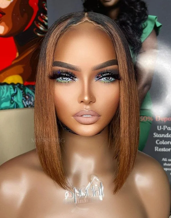 Colored wig with a natural - looking root for a more realistic lookASPECIALUNIT - Glueless Human Hair Lace Front Wigs Ombre Brown Bob Wigs - SPE076