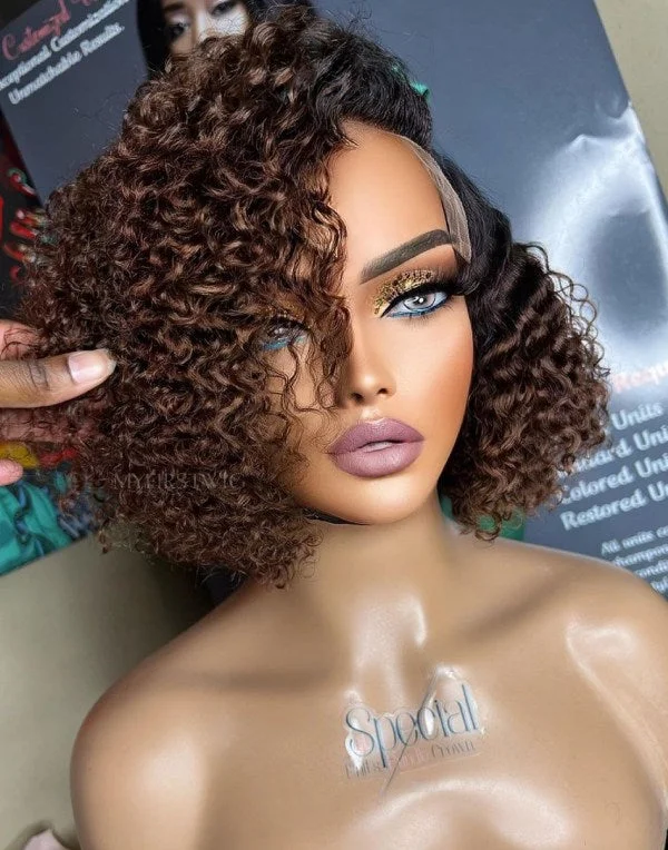 Colored wig with a pre - plucked hairline for a more natural lookASPECIALUNIT - Glueless Human Hair Lace Front Wigs Ombre Brown Curly Bob Wigs - SPE077