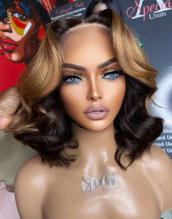 Colored wig with a side - part for a more flattering appearanceASPECIALUNIT - Glueless Human Hair Lace Front Wigs Ombre Brown Wavy Bob Wigs - SPE079