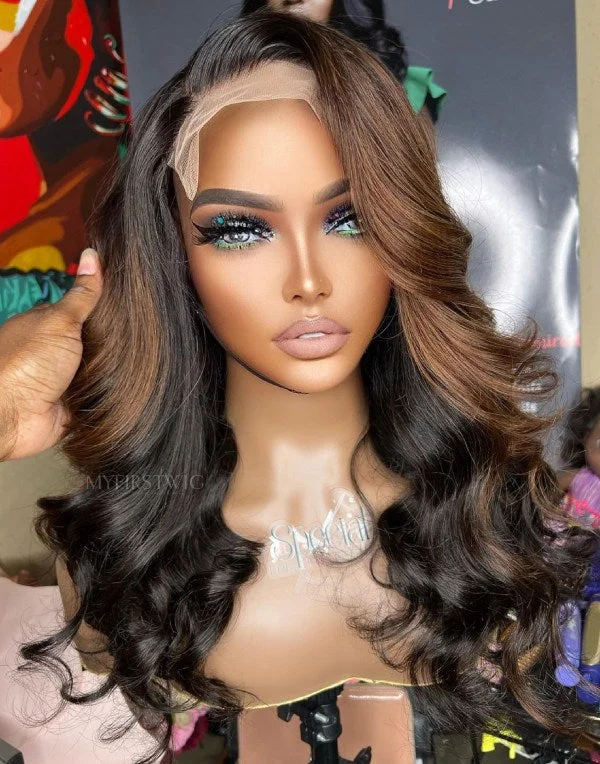 Colored wig with a 150 - density for a full and thick appearanceASPECIALUNIT - Glueless Human Hair Lace Front Wigs Ombre Brown Wavy Wigs - SPE078