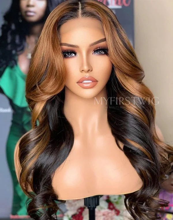 Colored wig with a pre - bleached knot for a natural - looking scalpASPECIALUNIT - Light Brown Ombre Wavy Rich Auntie Lace Front Wig - SPE039